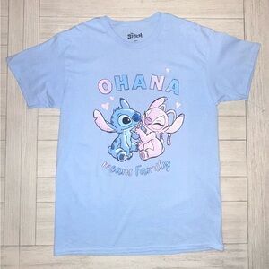 Disney Stitch and Angel Light Blue Ohana Means Family Graphic Tee